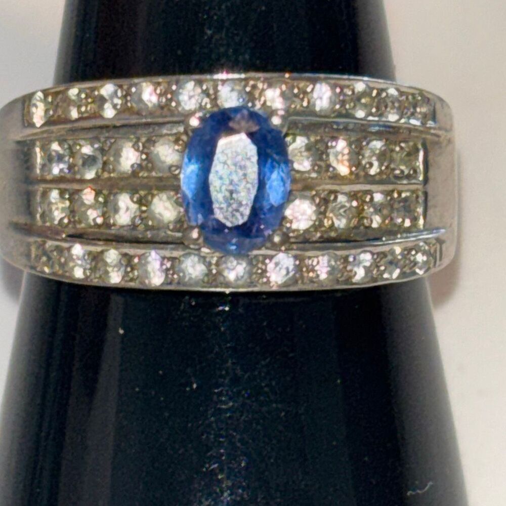 925 sterling silver Aquamarine & CZ band ring Sz 9.5 solitaire 5.56g wedding